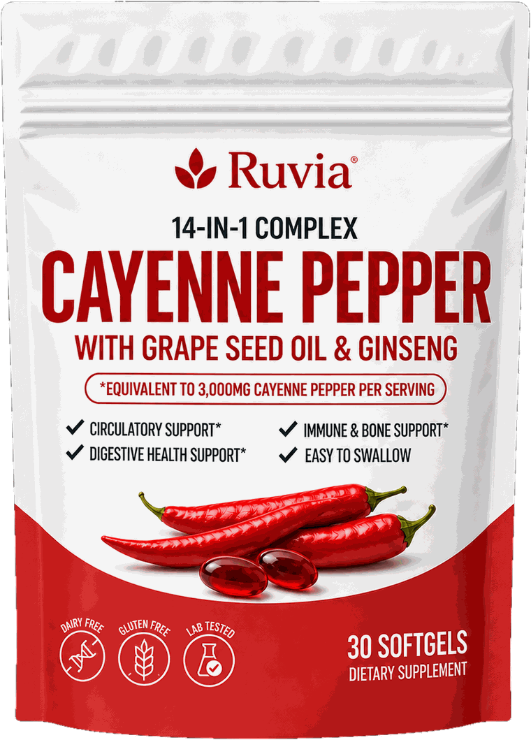 Ruvia 14-in-1 Complex Cayenne Pepper with grape seed oil and ginseng, pouch of 30 softgels