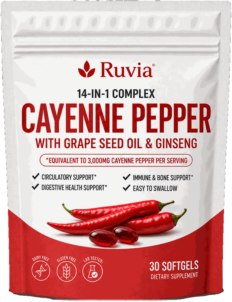 Ruvia 14-in-1 Complex Cayenne Pepper with grape seed oil and ginseng, pouch of 30 softgels